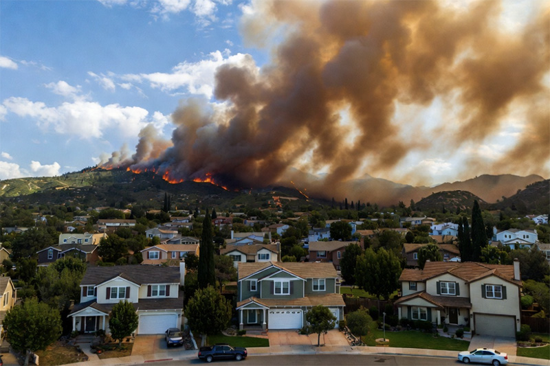 A residential community of closely spaced homes with wildfire risk in the hills beyond